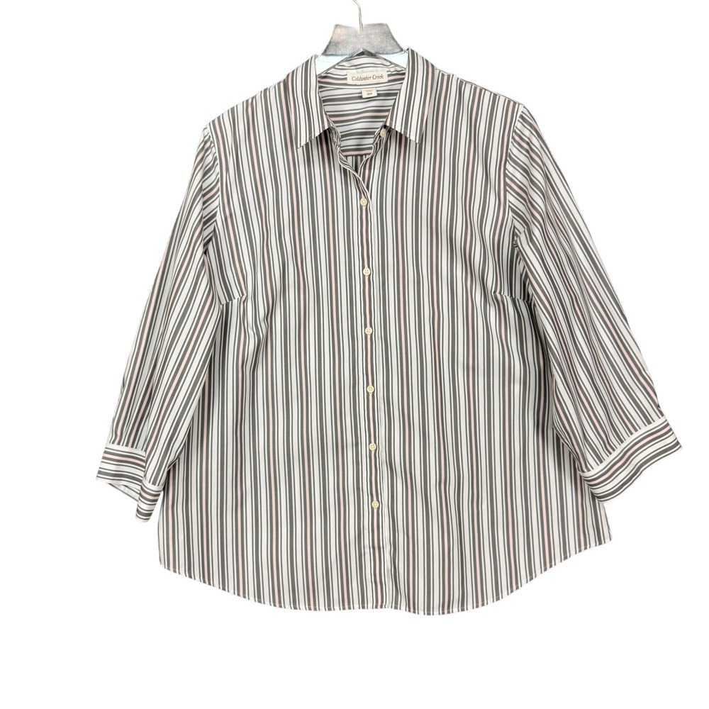 Coldwater Creek Button Down Shirt Womens 18W White‎ Grey Pink Striped 3/4 Sleeve